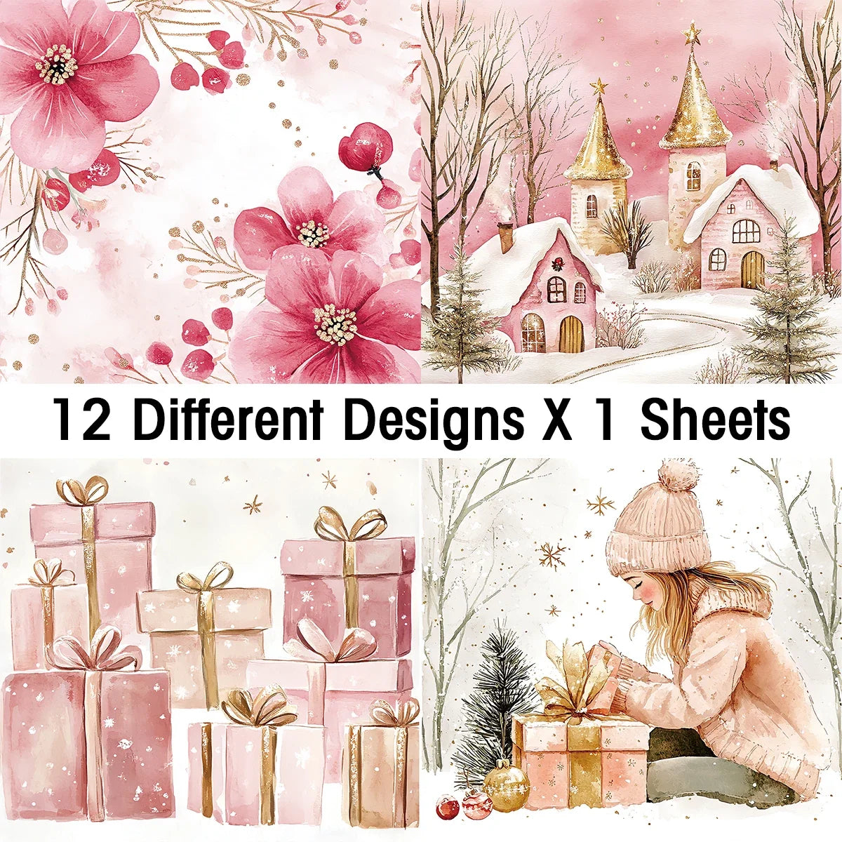 Pink Christmas Scrapbook Paper Pad 12 Decorative Sheets