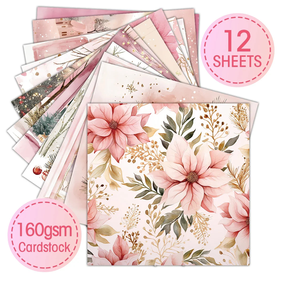 Pink Christmas Scrapbook Paper Pad 12 Decorative Sheets
